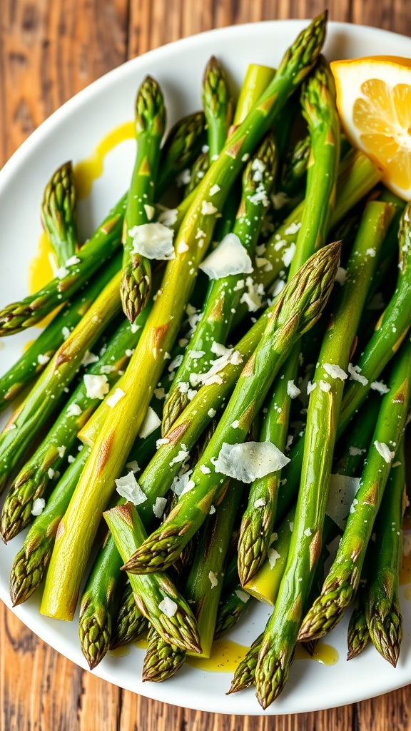 A plate of garlic roasted asparagus spears garnished with Parmesan cheese and lemon.